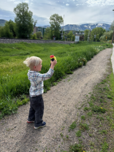 Child on path holding bird toy